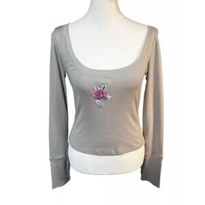 Free People Gray Scoop Neck Ribbed Scoop Neck Top Sz S Floral Boho Soft Grunge